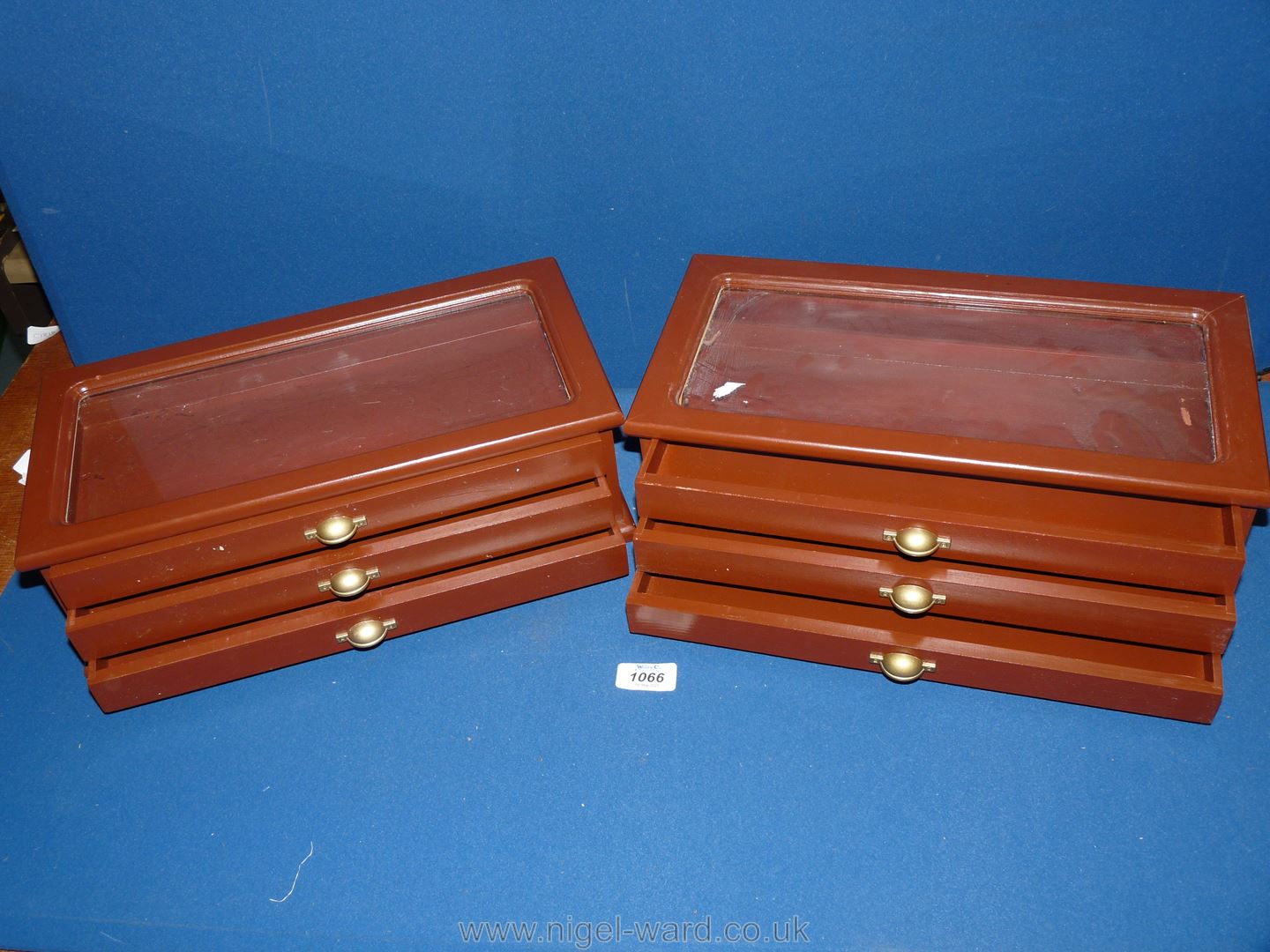 Two individual specimen Trays/boxes, each with three drawers, 15" x 4 1/2" tall x 7 1/2".