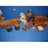 A quantity of Treen including a head 'Iobgrai Indonesium', two boxes, vases, oriental figure etc.