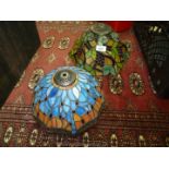 Two Tiffany style lamp Shades, one with dragonfly pattern in blue and orange, 10" diameter,