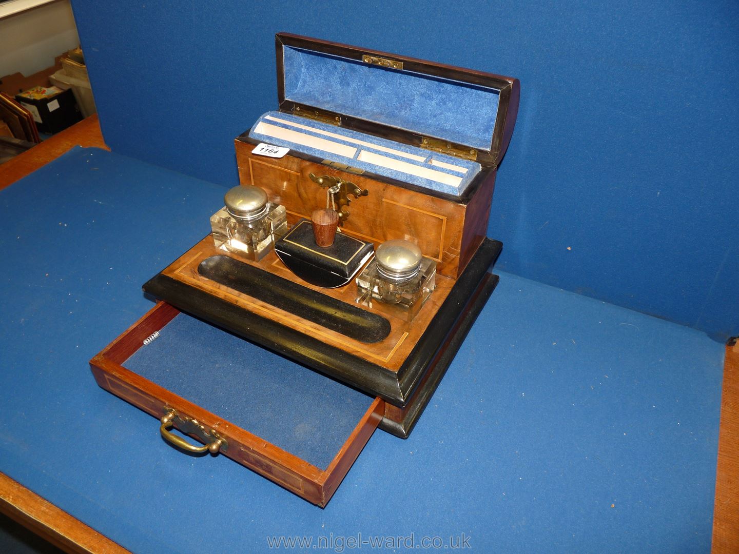 A Walnut and ebonised inlaid Desk stand with pair of glass inkwells, single drawer and blotter, - Image 3 of 4