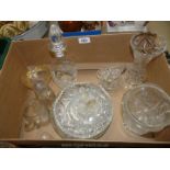 A quantity of glass including etched decanter, vases, trifle bowl, gold etched champagne glass, etc.