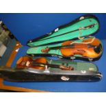 A cased 'Lark' Junior Violin, 22'' long, a/f with bow and another junior violin, cased,