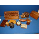A quantity of Treen including sample stand, pen stand, powder horn, barometer, lidded boxes,