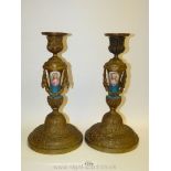 A pair of imposing French ormolu and porcelain Candlesticks, mid 19th century,