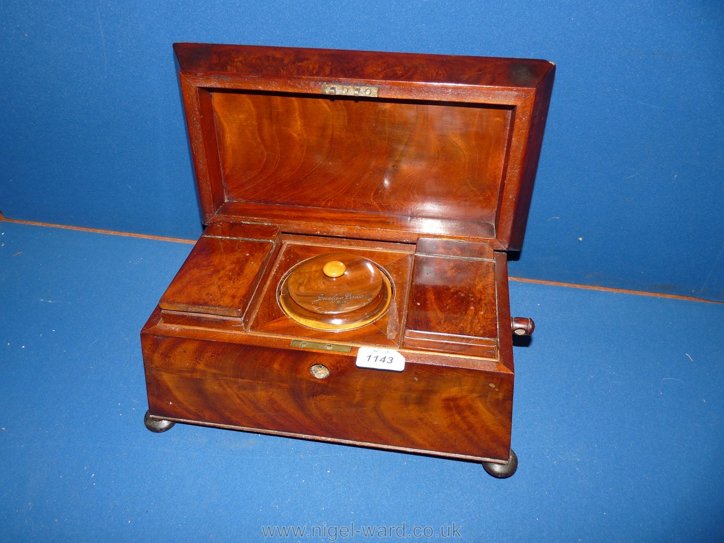 A large Mahogany sarcophagus Tea Caddy on bun feet with central compartment having a mixing bowl of - Image 2 of 6