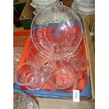 A quantity of cut glass including a Whitefriars jug, a carafe, two other jugs and a tray.