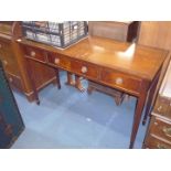 A contemporary Walnut and Mahogany cross-banded Side/table/Buffet Table having frieze drawers with