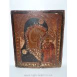 An old Russian painted wood Icon of the virgin; 19th century or possibly earlier,