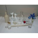 A small quantity of glass and china including; small cut glass dishes, jugs,