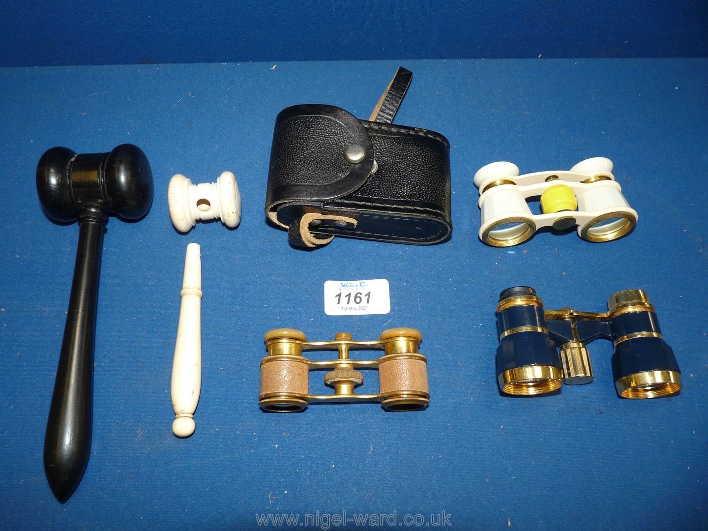 Two auctioneers gavels in turned ebony and ivory and three pairs of opera glasses, one a/f.