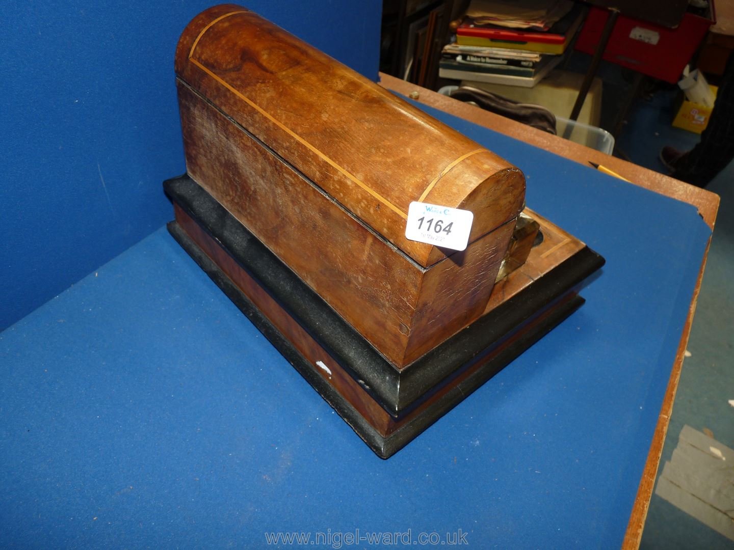 A Walnut and ebonised inlaid Desk stand with pair of glass inkwells, single drawer and blotter, - Image 4 of 4