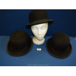 A black Bowler hat by Woodrow, Piccadilly, London size 6 5/8, loose lining, another by Moss Bros.