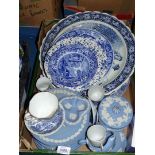 A quantity of blue and white plates and Wedgwood Jasperware including Christmas plates, cups,