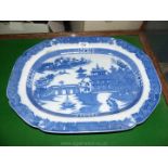 A blue and white willow pattern Meat Plate, 19" x 14 1/2", some wear.