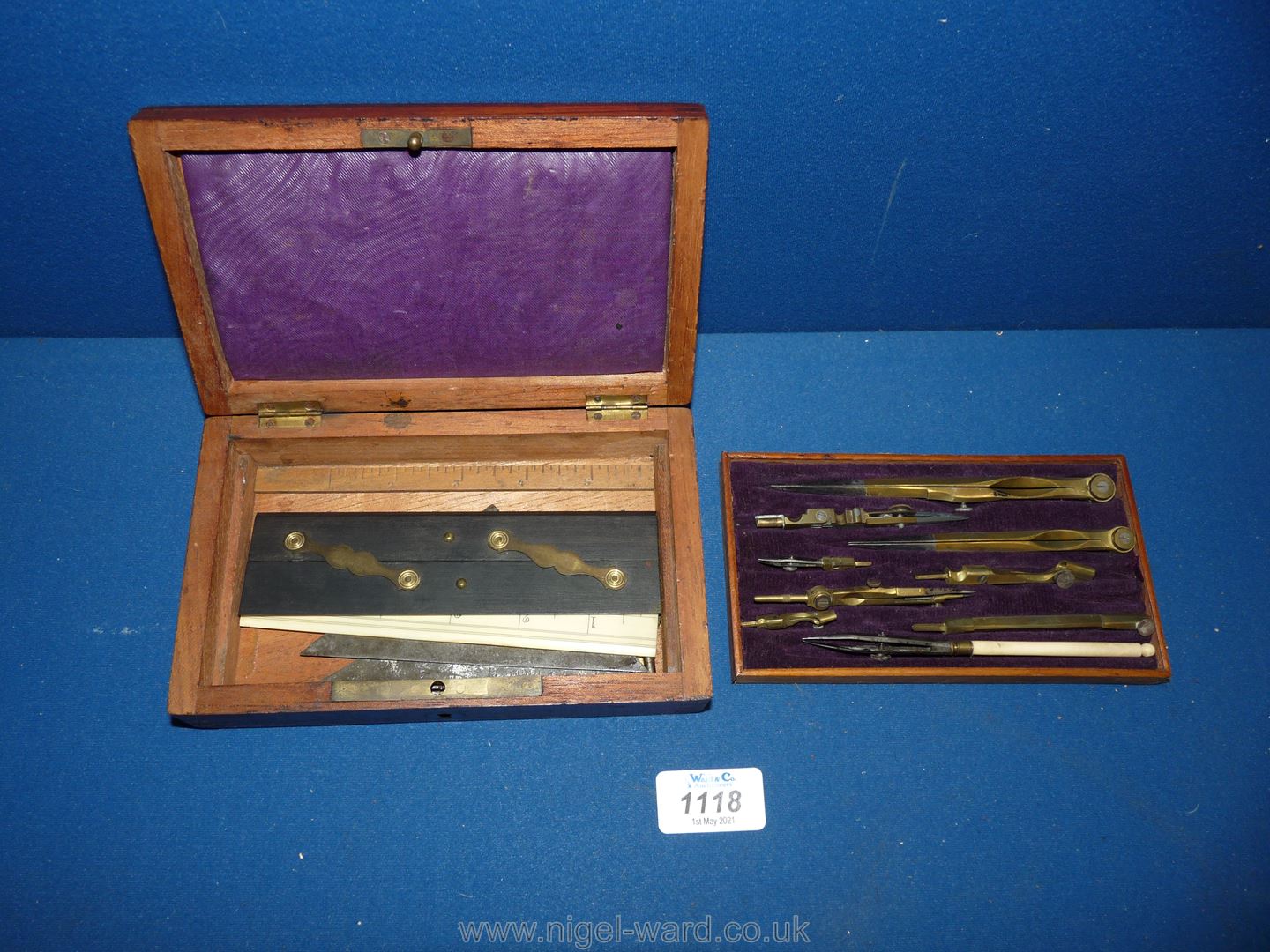 A Mahogany cased set of brass and ivory drawing instruments, box size 7 1/4'' x 4 3/8'' x 1 3/4''. - Image 2 of 3