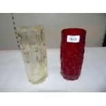 Two Whitefriars style bark effect vases, one red and the other white (a/f), 7 1/2'' tall.