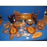 A quantity of treen including wooden animals, hourglass, marquetry wall hanging plaque etc.