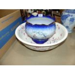 A Copelands ''Hawkweed'' bedroomware Bowl and a blue KLM jardiniere.