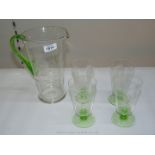 A 20th c. two tone Lemonade set of four glasses and jug, (one with small chip to rim).