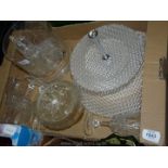 A quantity of glass including a two tier cake plate, four wine glasses, rose bowl,