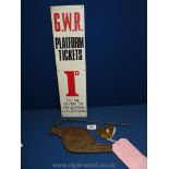 A GWR enamel ticket sign, cast plate for Tank Rentals by Horbury, Wakefield,