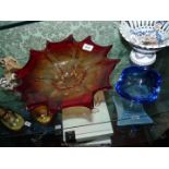 A large Murano ruby coloured star shape Dish, 13'' diameter and a small blue Murano dish.