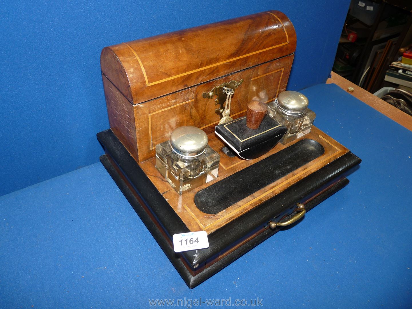 A Walnut and ebonised inlaid Desk stand with pair of glass inkwells, single drawer and blotter, - Image 2 of 4