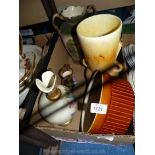 A box of mixed jugs, vase, brown souflee dish, etc.