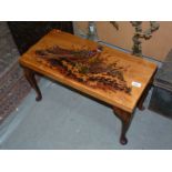 A pheasant design occasional Table with pokerwork detail, signed G. Gundill, 24" x 12" x 13" tall.
