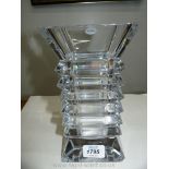 A heavy clear glass Regaska Crystal square shape with thick ribs, 9" tall, chip to base.