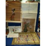 Two oriental silk pictures of children playing (29'' x 18'') and birds on a branch (16 1/2'' x