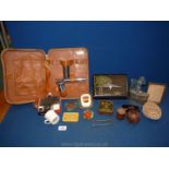 A box of miscellanea including a part gents travel leather case with three containers,