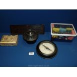 A quantity of miscellanea including Bakelite pot, barometer and cribbage board,