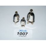 Three miniature graduated Saturno Silver Oxidised Penguin ornaments, large 13/4" tall,