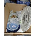 A box of ceramic including Wedgwood Botanical plate, Jasperware items, Wade Whimsies, etc.