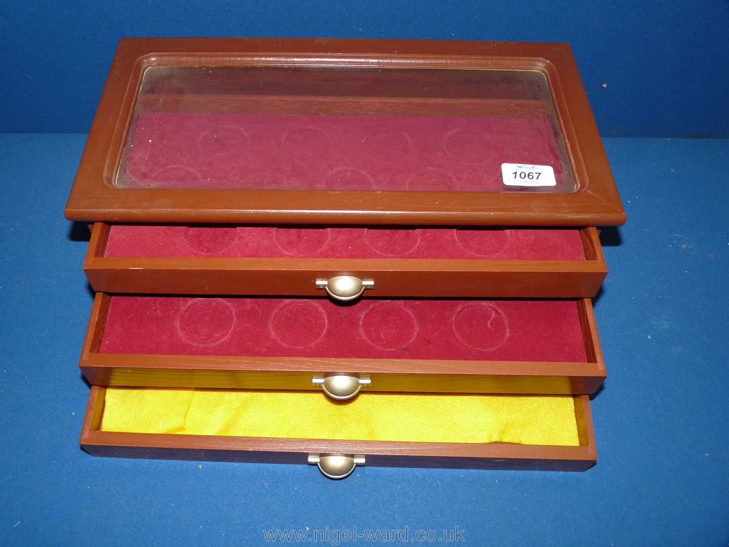 An individual coin Tray/box with three drawers, 15" x 4 1/2" x 7 1/2".