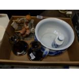A Flo-Blue Chamber Pot in Savoy pattern, an oriental blue and white teapoy,