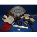 A quantity of miscellanea including dressing table set, fans, little leather pouch of silk scarves,