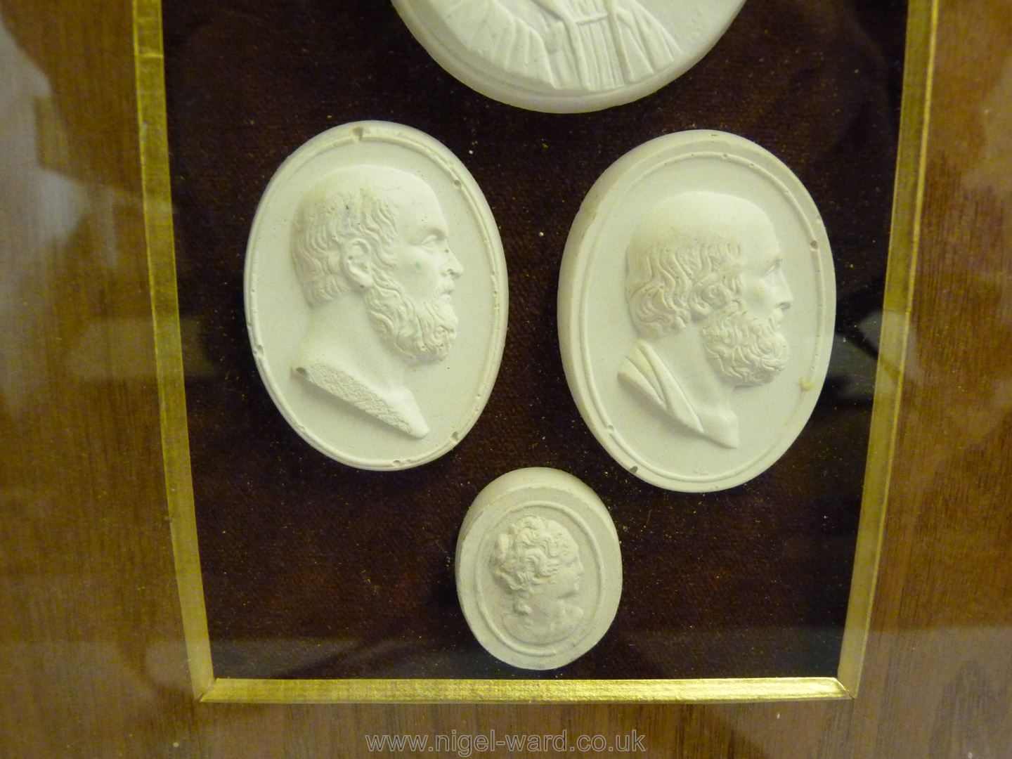 A framed small group of classical plaster cast medallions. - Image 6 of 7