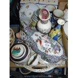 A tray of oriental china including large pig, vases, ginger jar vase and a Dresden saucer.