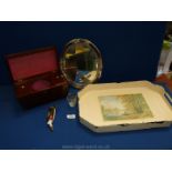 A cream tray with wooden tea caddy, mirror, ceramic pipe etc.