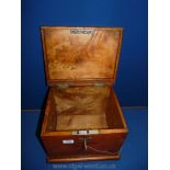 A deep Yew wood travel box 12 3/4'' wide x 10'' deep, with brass drop handles, lock and key.