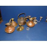 A quantity of brass including two copper jugs, copper kettle, brass chamberstick,