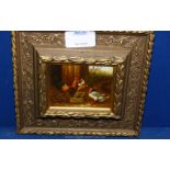 A small Oil painting, unsigned, depicting chickens and a drake, 7'' x 6 1/2''.