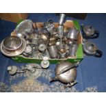 A quantity of plated items including trays, goblets, candlesticks, spirit kettle, teapot etc.