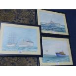 Three framed and mounted Watercolours to include War ships, a Tall ship sailing with a cruise ship,