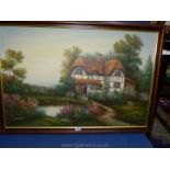 A large Oil on canvas depicting a Thatched cottage by a pond, signed lower left Marten, 39" x 28".