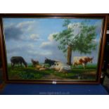 A framed Oil on canvas, in the manner of Sir Thomas Sidney Cooper of resting cattle and sheep,