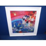 A white modern framed Print on canvas depicting a colourful harbour scene, unsigned,