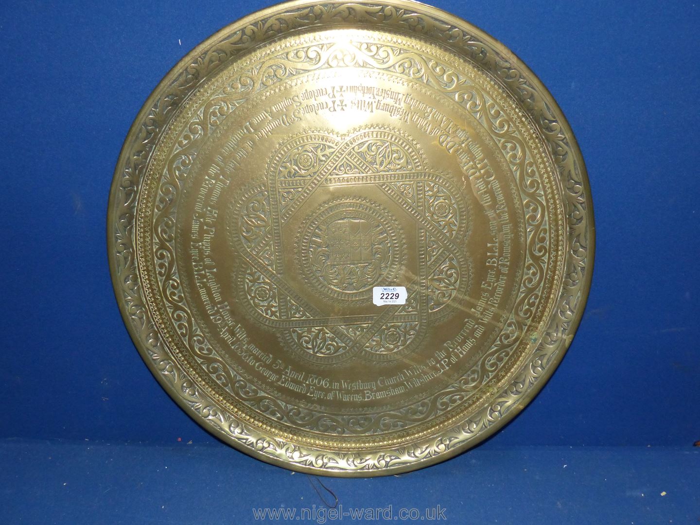A large Brass Tray commemorating the Marriage of Penelope Sophie Eyre and George on 19th April,